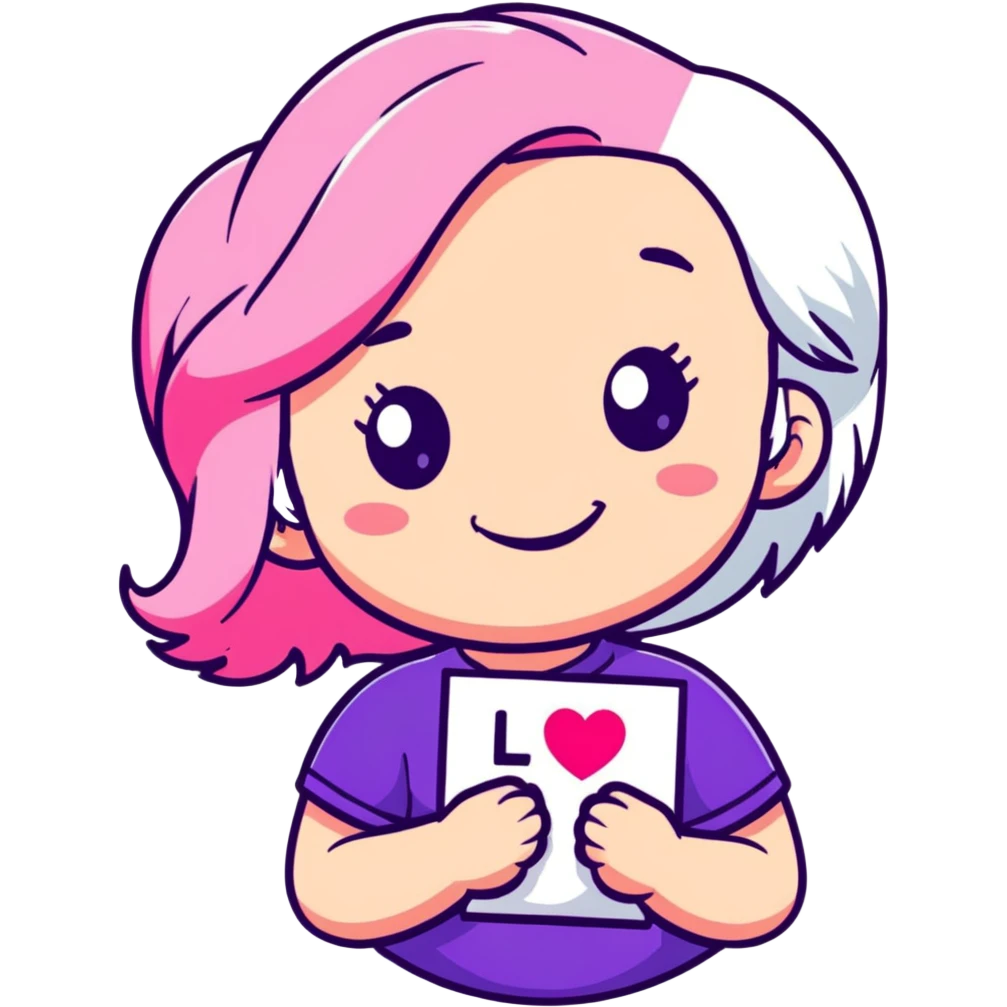 girl with pink and white hair, smiling, holding a heart, sticker style emoji