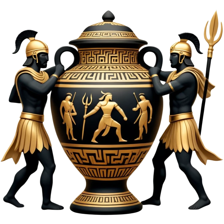 Cinematic-realistic Grecian urn, an exquisite black-figure pottery masterpiece resting in the dim glow of an ancient temple. Intricate golden depictions of two warrior fighting with spears and warriors encircle its curved form, telling timeless myths of heroism and tragedy.  emoji