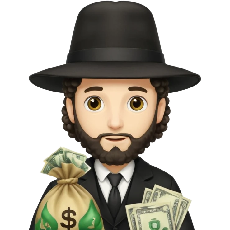 Hasidic Jewish Man, with full curls on sides of his head hanging from his hat, holding the money bag emoji  emoji