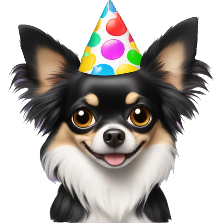 Black long haired chihuahua with a party hat on  emoji