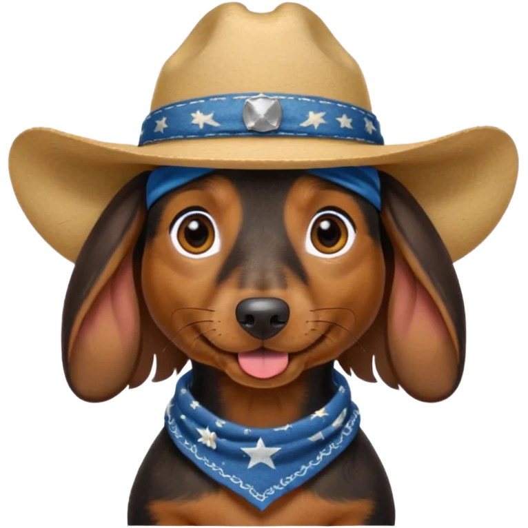 mostly black with some brown long hair daschund with a cowboy hat, ears curl out a bit and bandana and tongue slightly out emoji