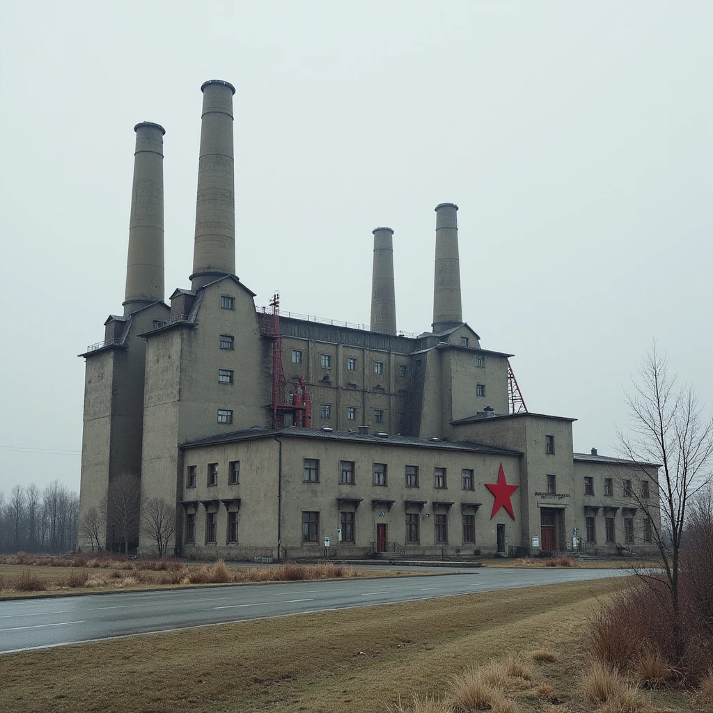 realistic Soviet heavy equipment plant building, industrial, smokestacks, red star, utilitarian architecture, no people, no machinery outside emoji