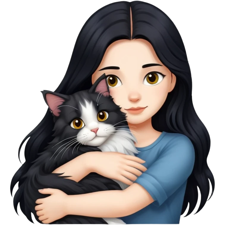 Beautiful girl with fair skin and long black hair hugs Maine Coon cat emoji