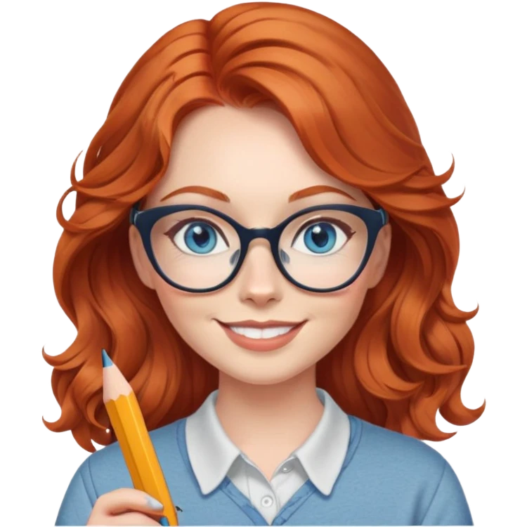 redheaded woman with long wavy hair, blue eyes, cat-eye glasses, casual outfit, holding a pencil, smiling emoji