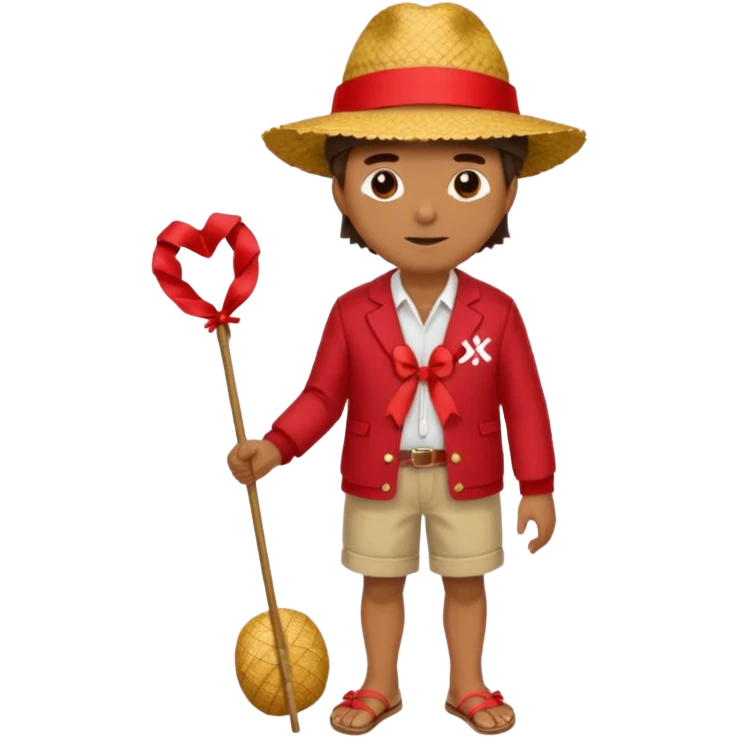 Make a guy with a straw hat and the hat has a red rebin and a red jacket and sandals and a x on he's chest emoji