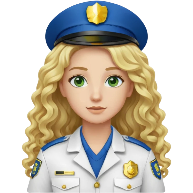 EMS personnel white and gold uniform green patch with long curly blonde hair and blue eyes emoji