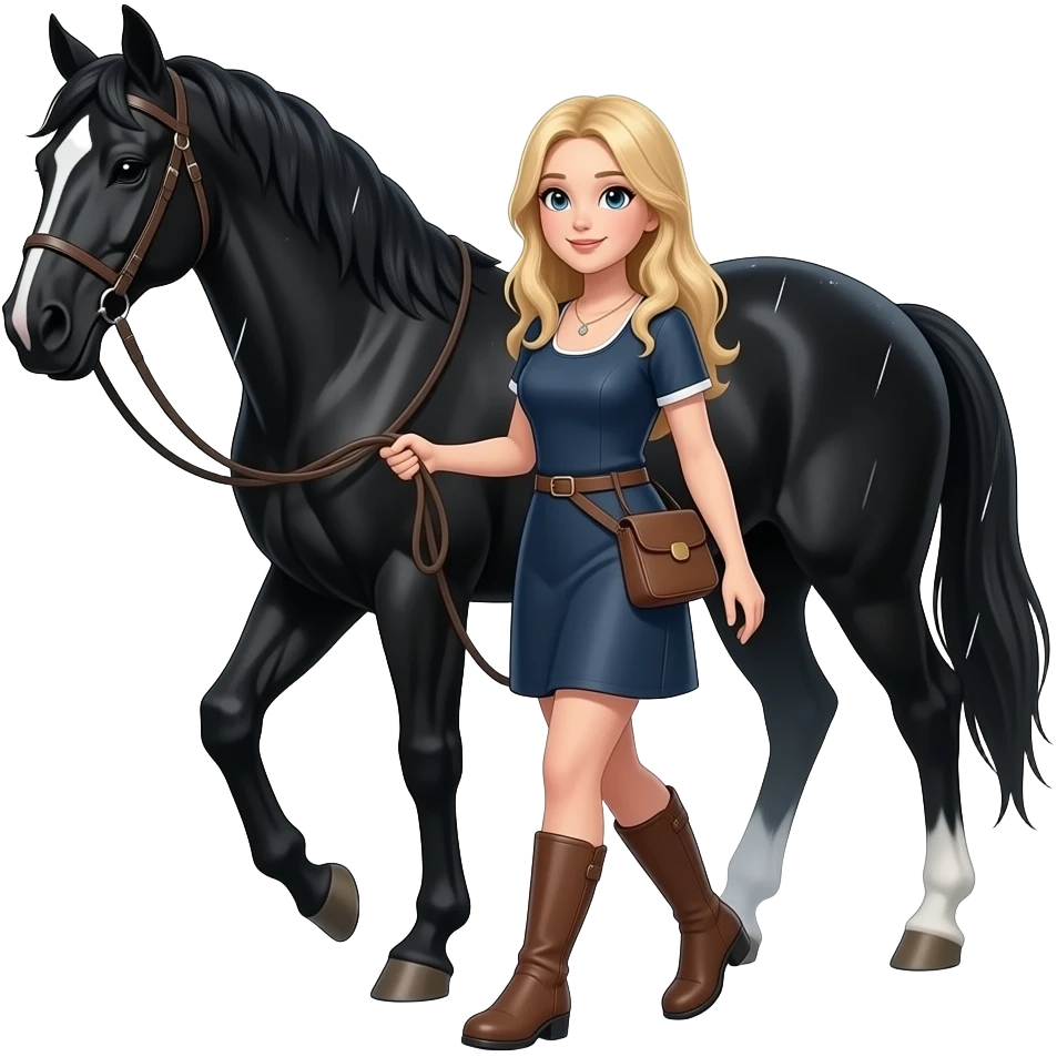 Blonde lady leading black horse in the rain emoji