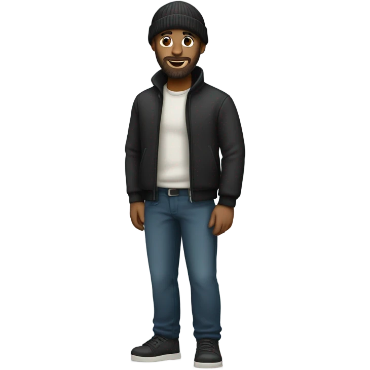 Black bald man with a beard and beanie full body emoji
