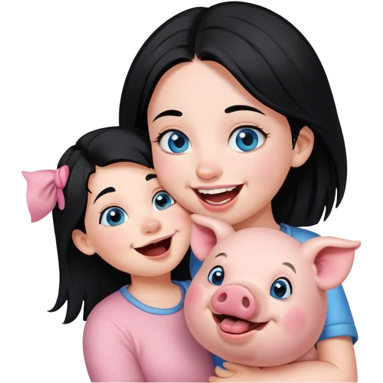  girl with blue eyes and black hair. She is laughing at her pig. Her pig is trying to kiss her  emoji