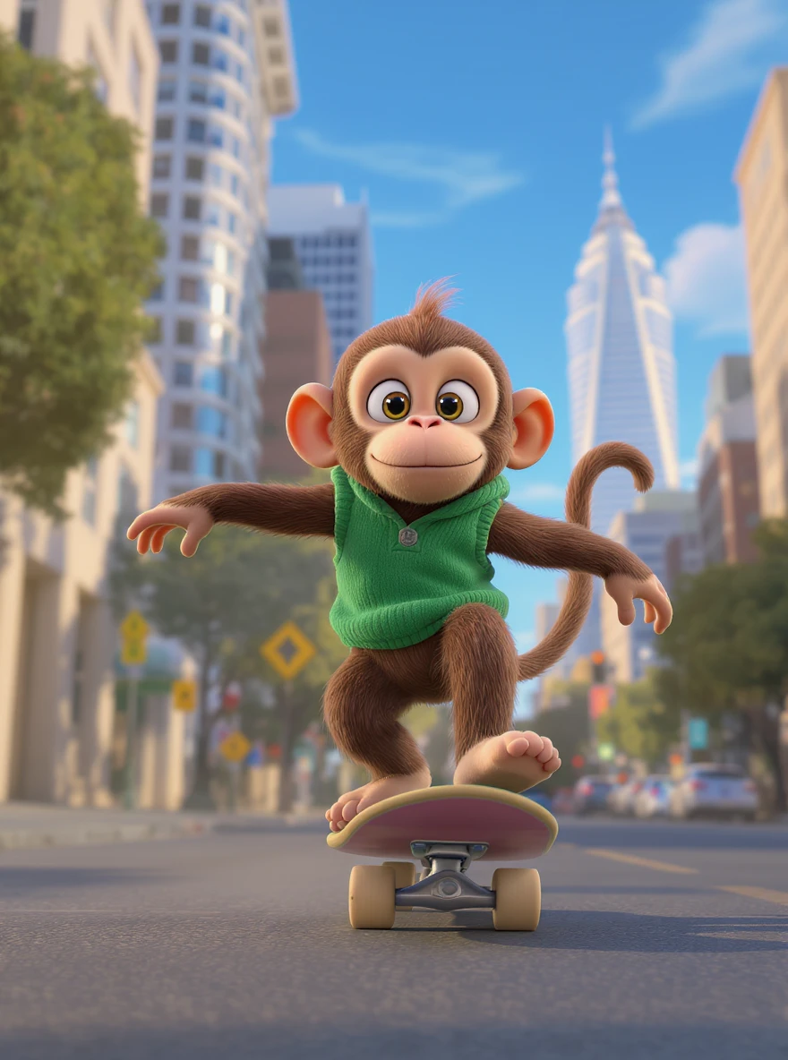 Disney style Cinematic still scane, Low angle shot, monkey dress in green outfit, monkey ride on skateboard, san francisno downtown with city lanscape, blue clean sky, captured by ARRI Alexa XT, soft cinematic lightning, back light, inspired by ToyStory 4 emoji