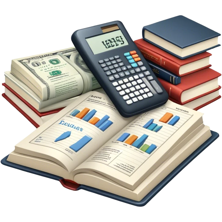 Icon for Business Reading: an open book with graphs, numbers, percentages, formulas, and text on the pages, next to a stack of books, a pile of dollars, a calculator and business magazines like Forbes. Transparent background. emoji