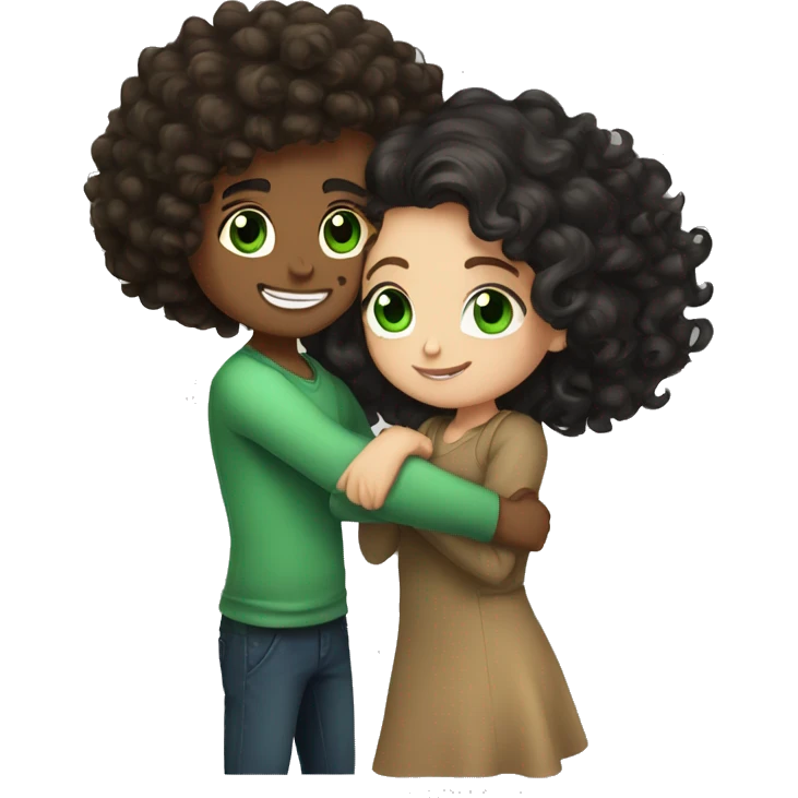 Curly hair , brunette boy with glass hugging a girl with wavy long black hair and green eyes emoji