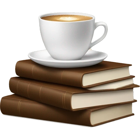 white cup of coffee on top of a small stack of brown and beige books emoji