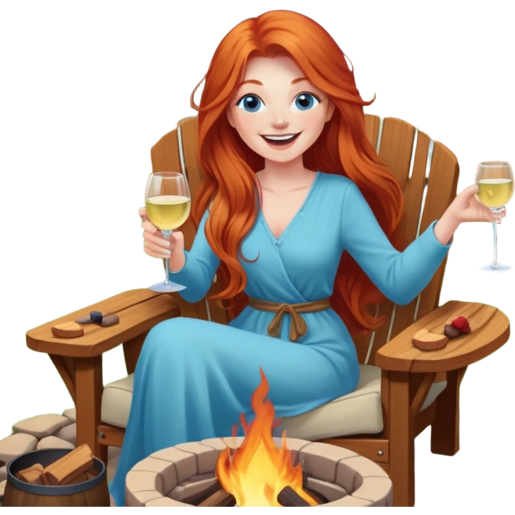 Laughing redhead with long hair and blue eyes holding white wine sitting in chair beside fire pit in backyard emoji