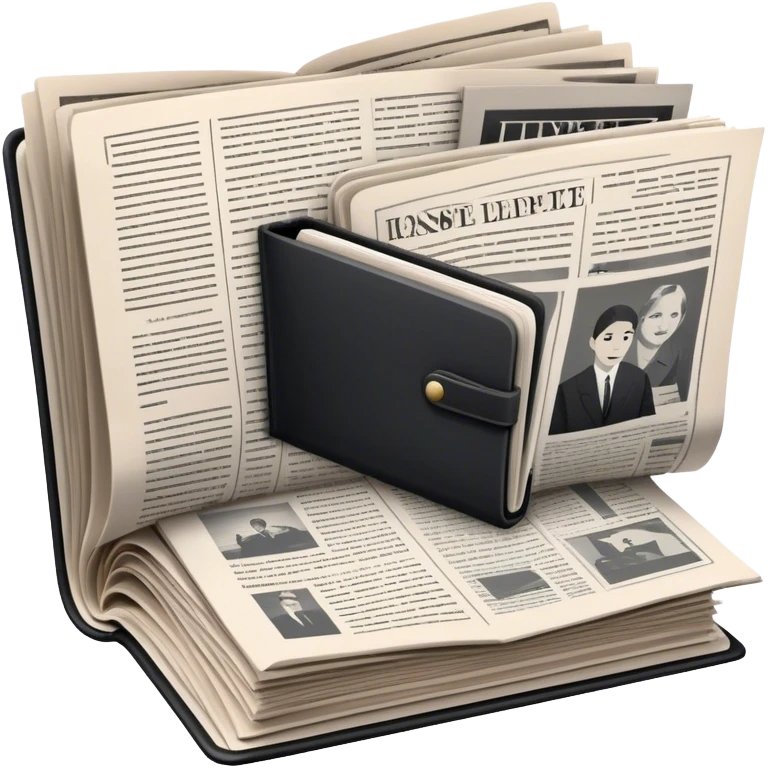 Icon for Non-Fiction & Narrative Reading: an open book with black-and-white photos on the pages, surrounded by a pile of newspaper clippings, and an open folder with top-secret documents. The icon should reflect the blend of real stories and facts in non-fiction literature. Transparent background. emoji