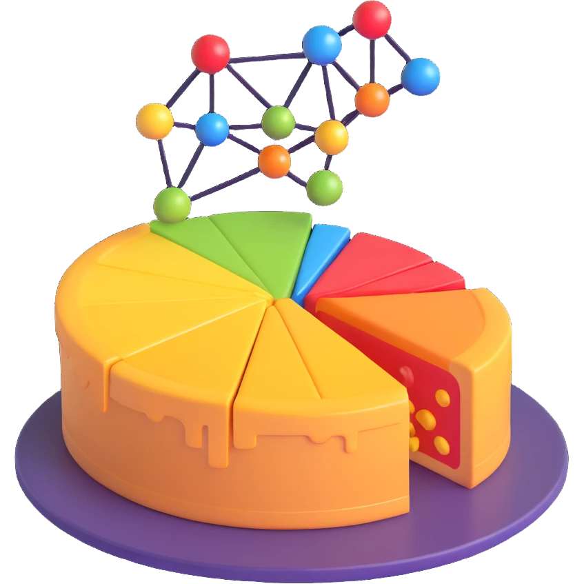 stylized neural network with data points flowing into a pie chart, 3D emoji style emoji