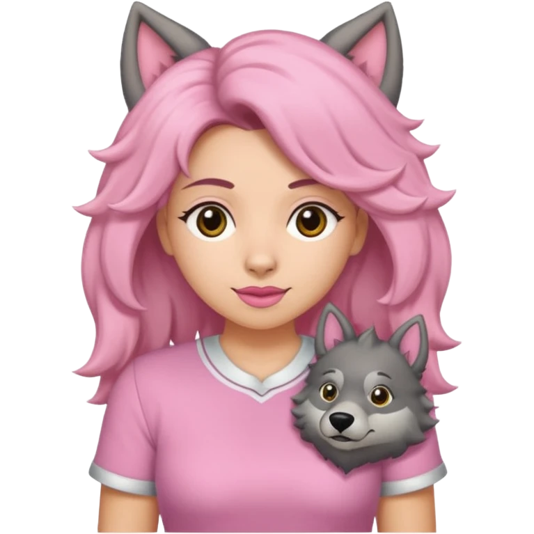 Garota loira fofa de cabelo comprido usando uma blusa rosa ao lado de um lobo emoji