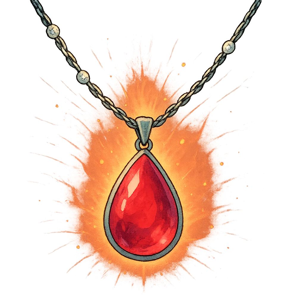 A teardrop ruby pendant with a silver chain and white stones, radiating a luminous aura of passion and renewal emoji