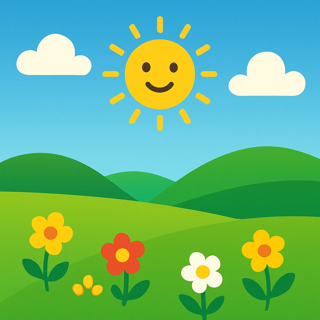 sunny landscape with green grass and blue sky, bright and cheerful, colorful, simple shapes, emoji style inspiration emoji