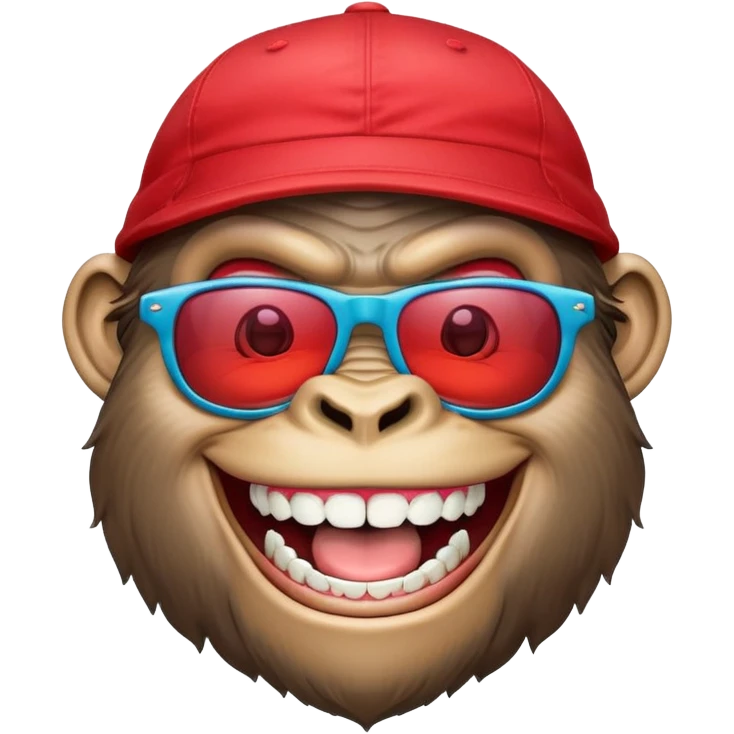 A cartoon-style smiling gorilla face wearing colorful sunglasses and a red cap, with a huge toothy grin emoji