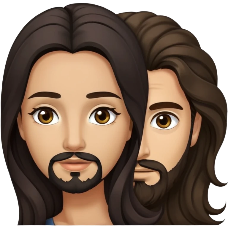 woman with olive skin, brown eyes and long lashes, and long black wavy hair with pale skinned hazel eyed man with brown hair and beard emoji