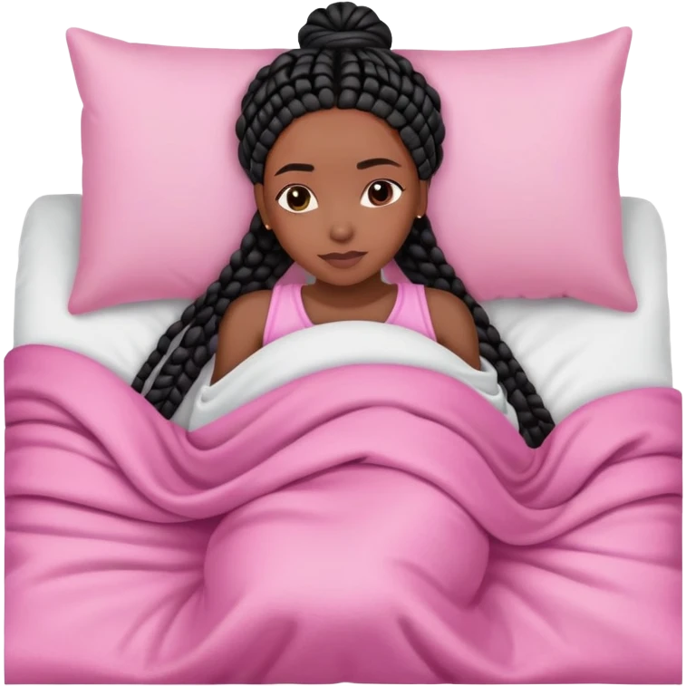 A dark-skinned Black woman with black box braids, lying on her side in bed, wrapped in a blanket, resting on a pink pillow emoji
