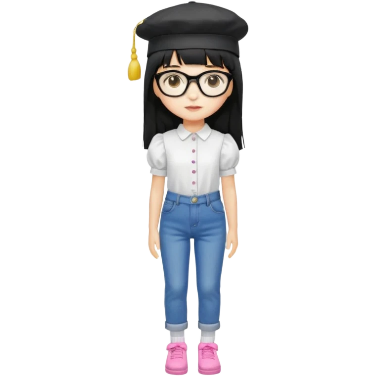 A yellow-skinned girl with long straight black hair, flat bangs, black frame glasses, a white puffy sleeve doll shirt, blue jeans and pink shoes, and a black painter's hat. emoji