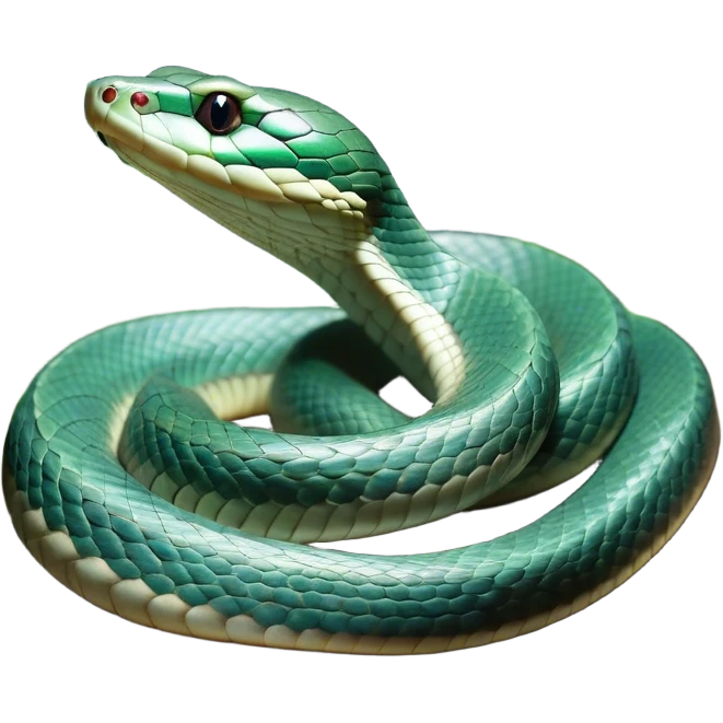 Cinematic Noble Chinese Water Snake Portrait Emoji, Poised and graceful, with a slender, sinuous build and a sleek, iridescent coat of muted greens and blues, deep-set soulful eyes, Simplified yet sharp and sophisticated features, highly detailed, glowing with a soft, dignified aquatic glow, high shine, intelligent and fluid, stylized with an air of waterborne elegance, focused and attentive, soft glowing outline, capturing the essence of a watchful and confident water snake that feels as though it could glide out of the screen with effortless authority! emoji