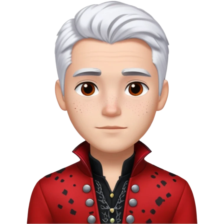 Carlos from Descendants, white hair with black roots, freckles, red black and white outfit emoji