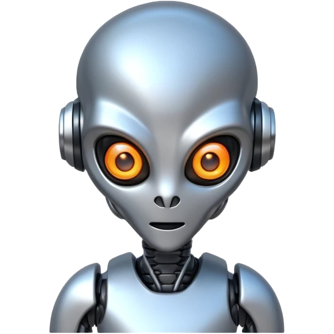 robotic alien character, metal body parts, glowing eyes, futuristic alien design, sci-fi vibe, 3D cartoon, mobile game icon style, clean background, no text, no watermark
 emoji