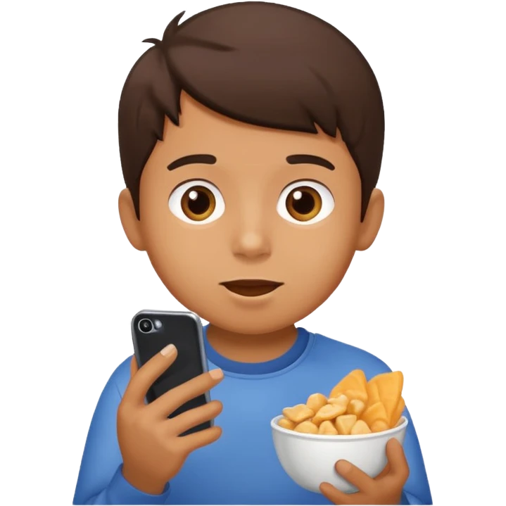 a boy watching videos on his phone while eating emoji