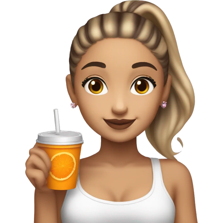 Ariana Grande holding a cup of orange juice and a chocolate chip cookie in the other hand ￼ emoji