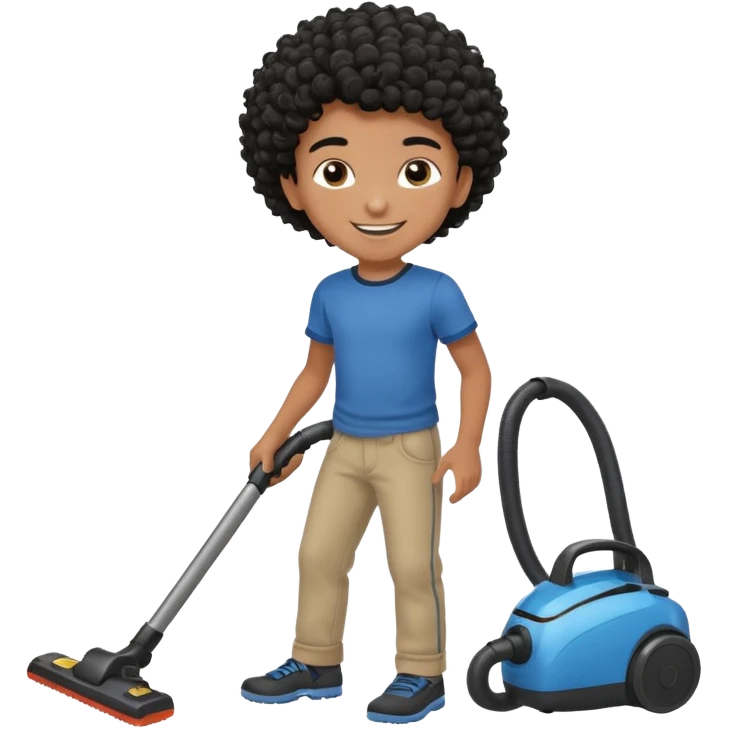 Emoji to encourage kids to do chores - should contain something about house chores, ok replace the broom with a vaccum make it atheltic boy 8 years old - egyptian with curly hair but not too curly -  emoji