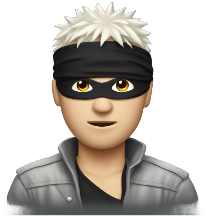 white male with white spiky hair wearing a black blind fold emoji