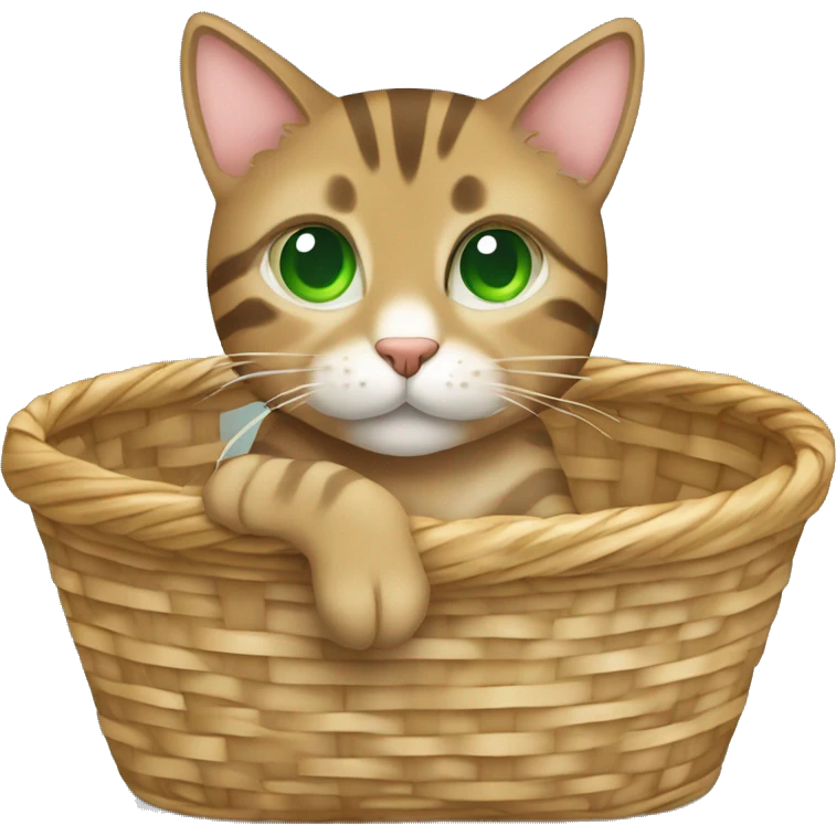 Light brown tabby cat with green eyes sitting in a basket emoji