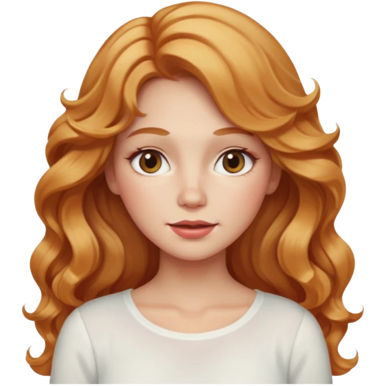 white adult woman with strawberry blonde super long wavy hair, white top, blushed cheeks emoji