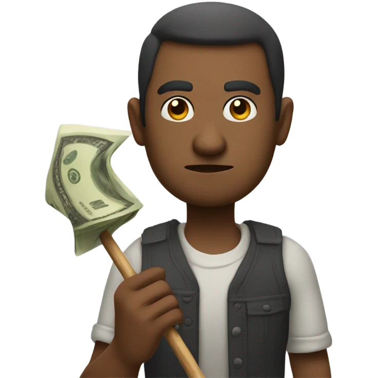 Man sticking out his hand with money and a scowl and a stick in the other hand emoji