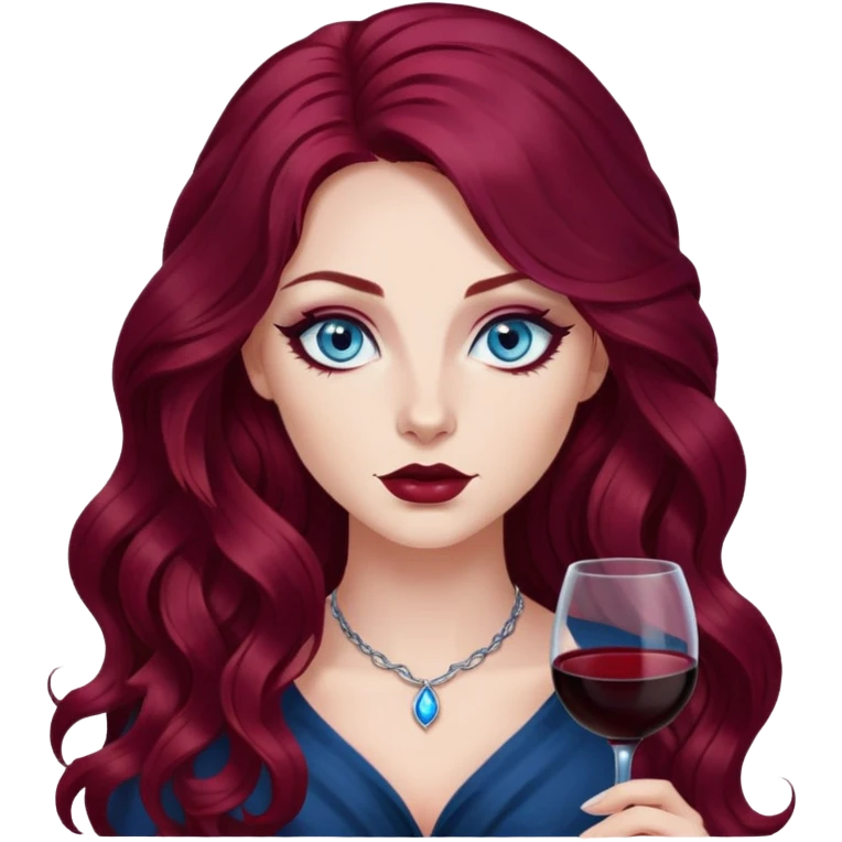 pretty long hair wavy dark wine red hair baddie with eyeliner and blue eyes emoji