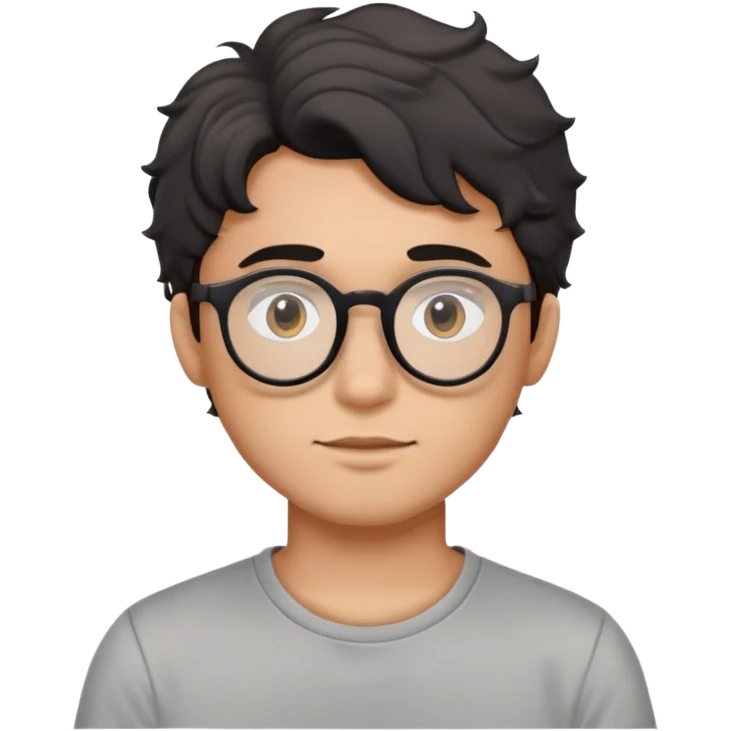 Young man with black wavy hair, round glasses, casual grey t-shirt emoji