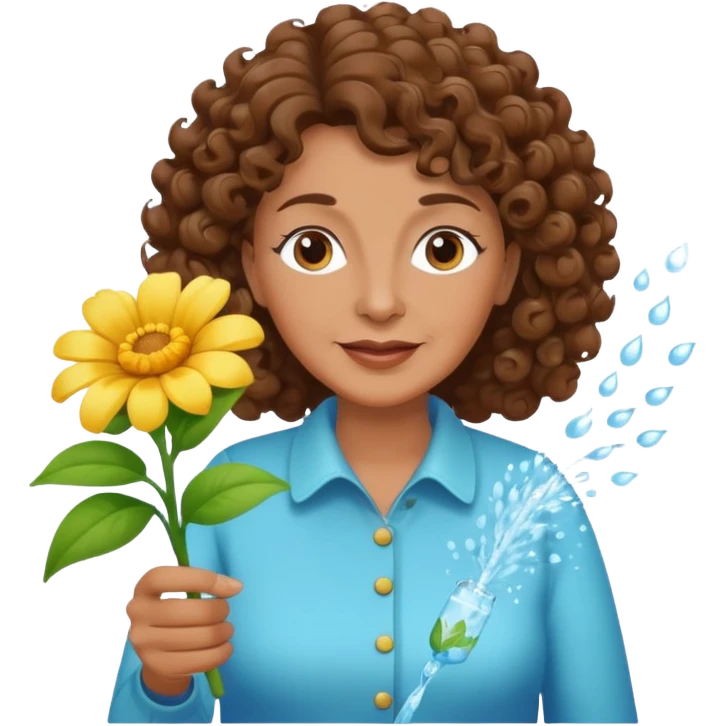 Older female florist – curly hair, spraying water on fresh flowers emoji