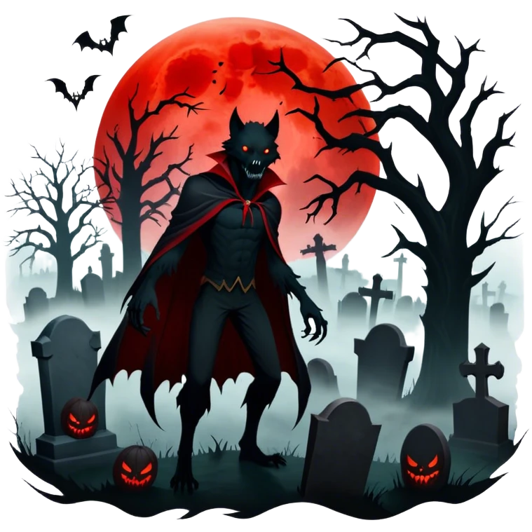 Icon for Horror Movies: A chilling collage with a monstrous werewolf or vampire, dark silhouettes, eerie graveyards, and creepy elements like spiders and tombstones. Ghostly fog surrounds, with a blood-red moon in the sky. The atmosphere is unsettling, eerie, and haunting. Transparent background. emoji