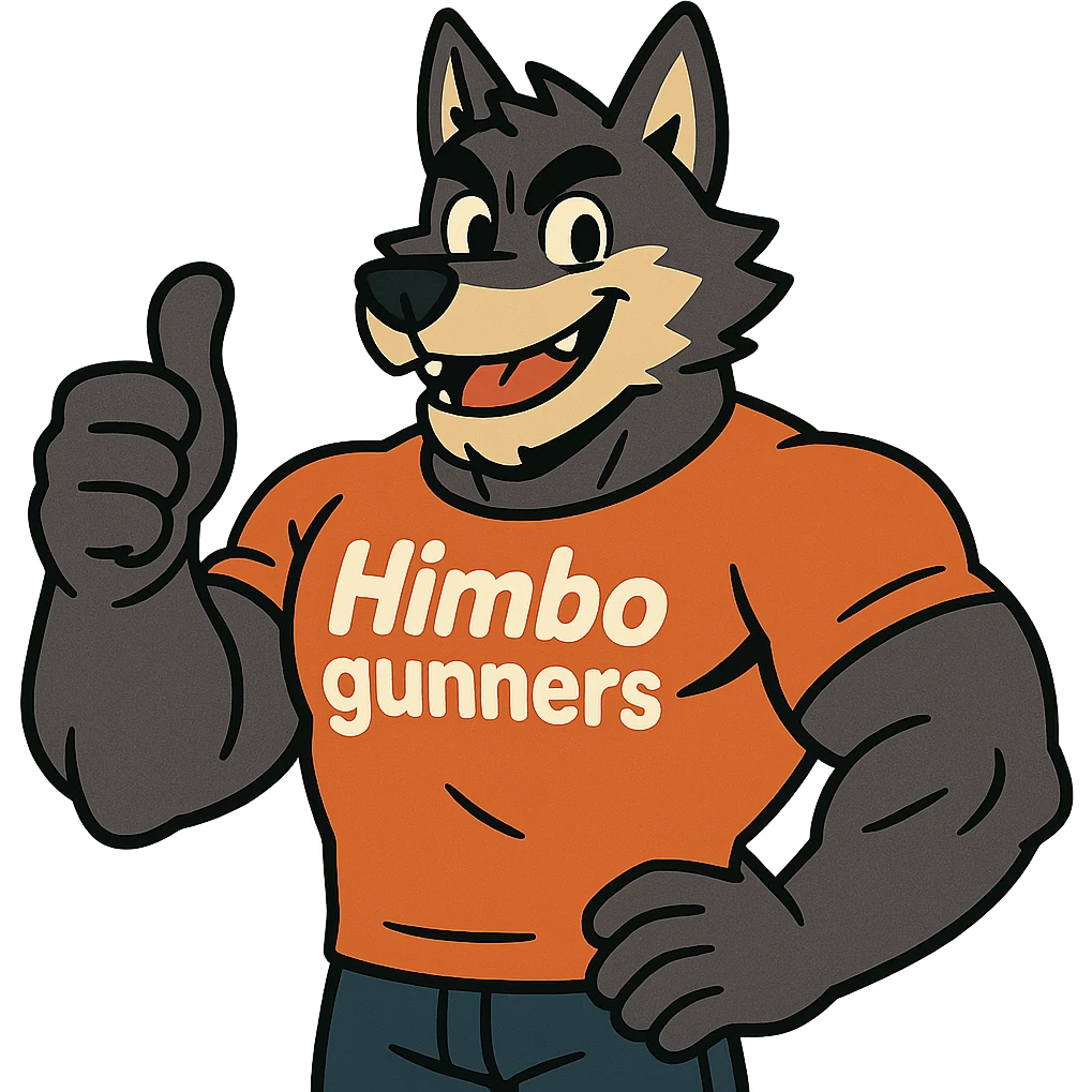 muscular wolf furry, giving a thumbs up, wearing a t-shirt that says 'Himbo gunners' emoji