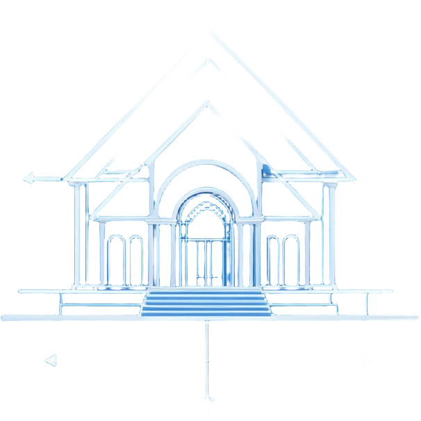 blue blueprint with white architectural lines, a dotted line leading to an X emoji