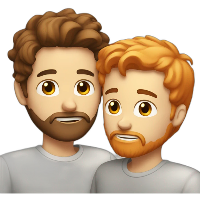 White guy with brown hair color and orange beard kissing a white guy with black hair color emoji