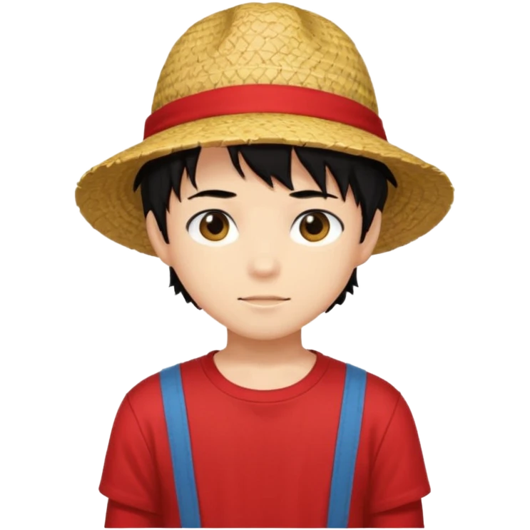straw hat, black hair, anime style, red t-shirt,boy emoji