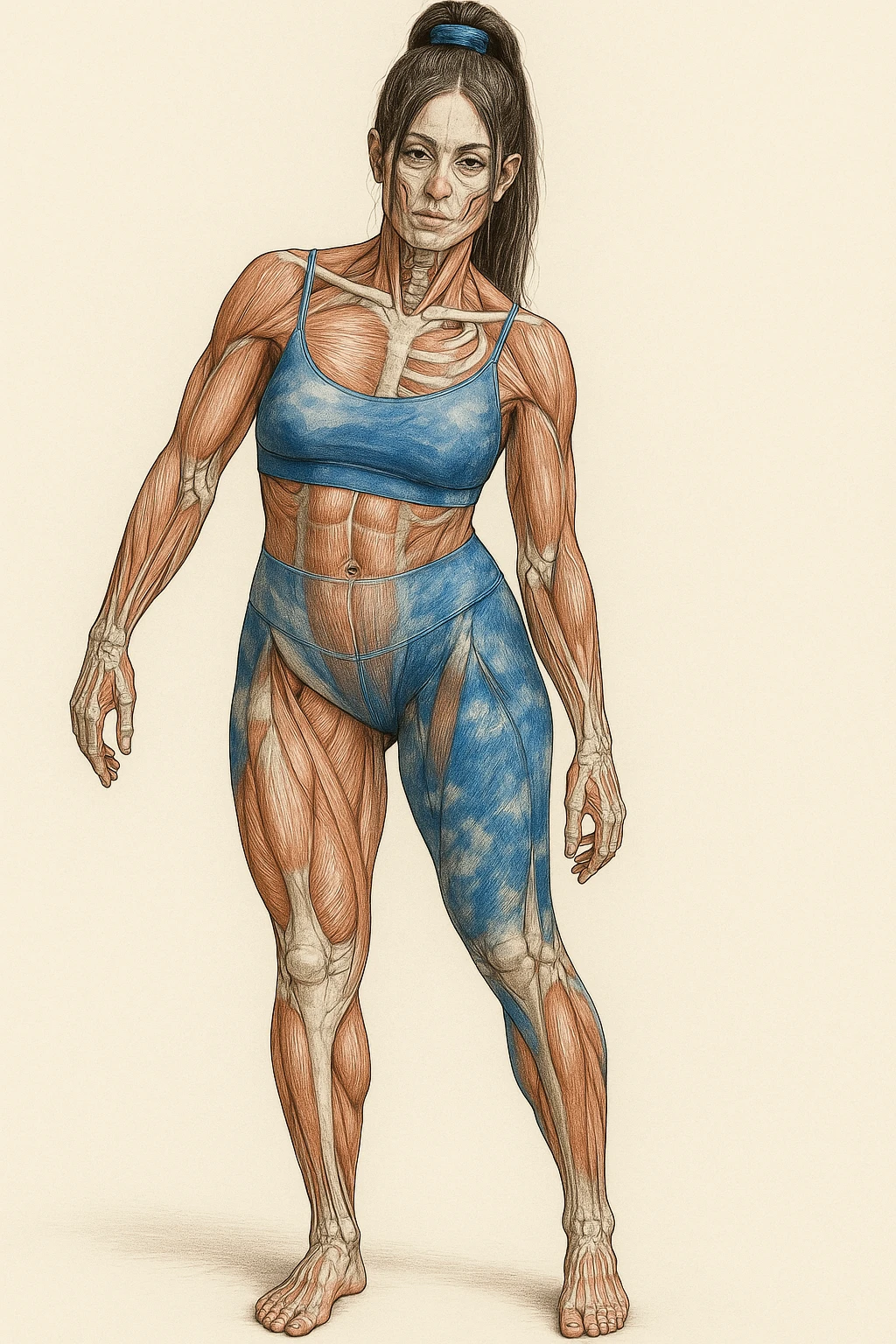 A realistic medical style illustration of a woman in sportswear with an asymmetric posture, showing visible muscles and bones, neutral background, vertical format. emoji