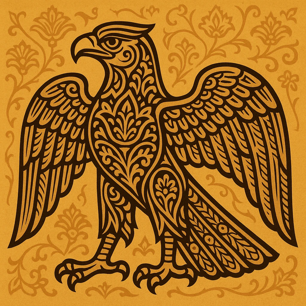 stylized eagle of Persia with Persian patterns, bold lines, proud expression emoji
