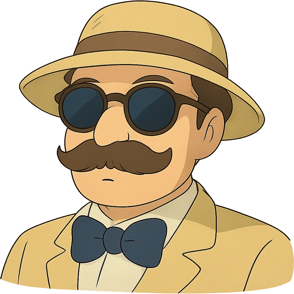 ghibli style hat, sunglasses, moustache, and bowtie emoji