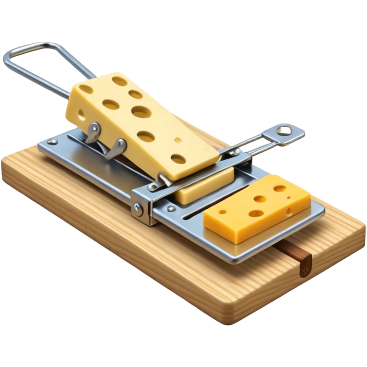 A 3D emoji in iOS emoji aesthetic style of a classic mousetrap with a wooden base and a metal spring mechanism, holding a small piece of yellow cheese, clean and detailed design, white background, glossy Apple-style rendering emoji