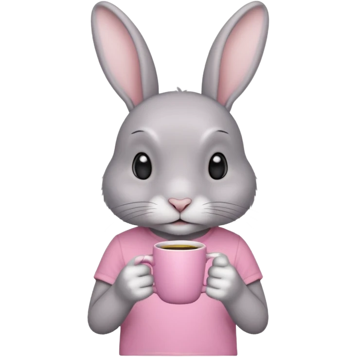 Gray rabbit, wearing pink t-shirt, holding coffee mug emoji